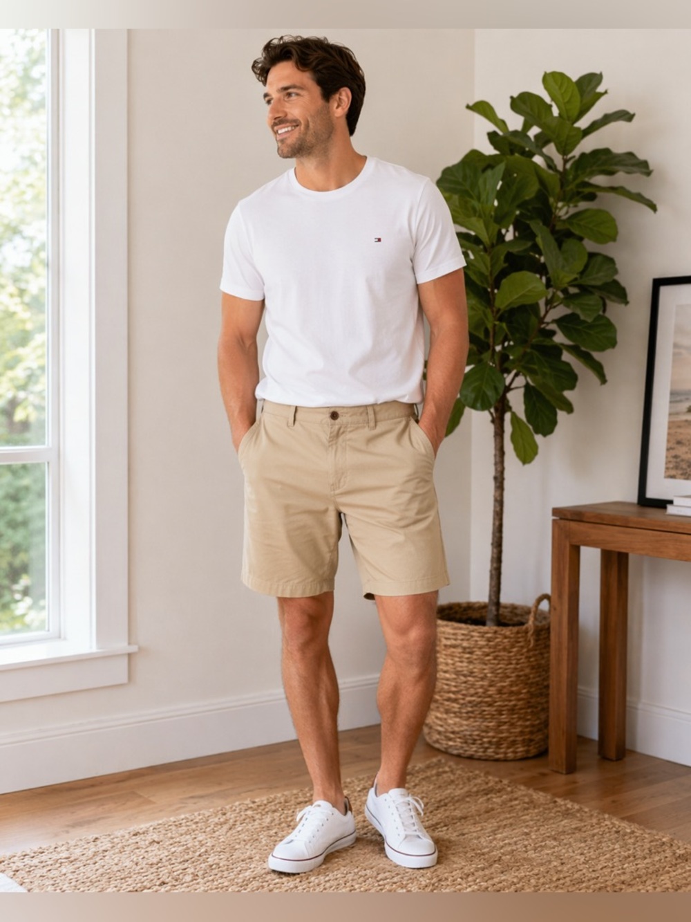 Tommy Hilfiger Khaki Shorts Men’s 34 Classic Flat Front Casual Chino Shorts